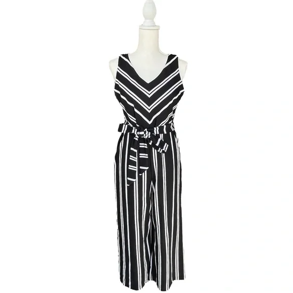 Ann Taylor Black & White Striped Tie Waist Wide Leg Cropped Jumpsuit | Size S - Picture 2 of 9